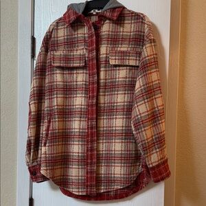 Gilded Intent Mixed Flannel Hooded Shacket Rust/ Cream Medium